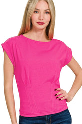Zenana Gathered Waist Round Neck Top HOT PINK OutfitFlow